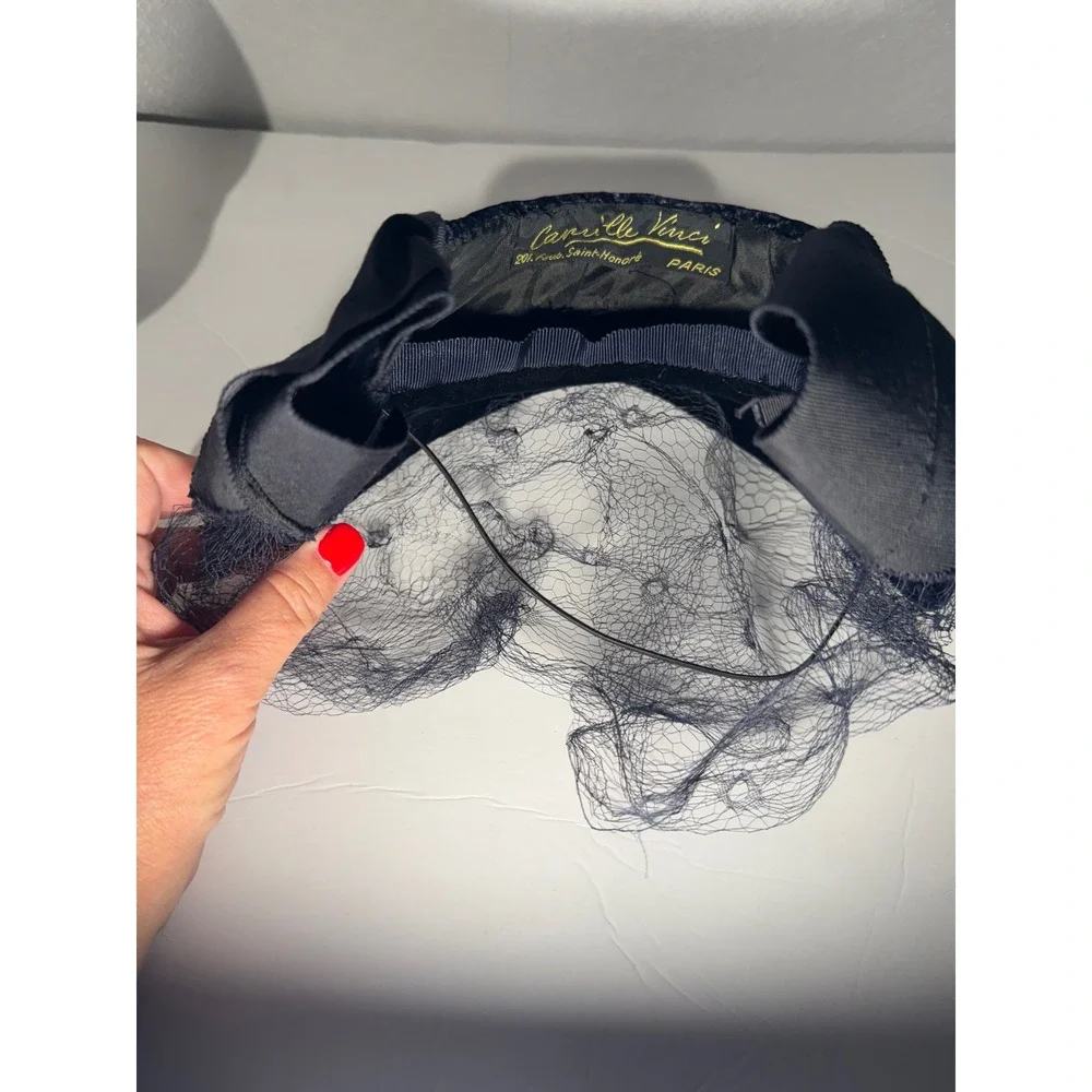 Vintage Camille Vinci Paris Navy Velvet Pillbox Hat Birdcage Veil France Bow